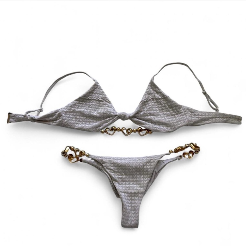 Beach Bunny Bikini – White Heart Lace with Gold Heart Hardware 💕✨